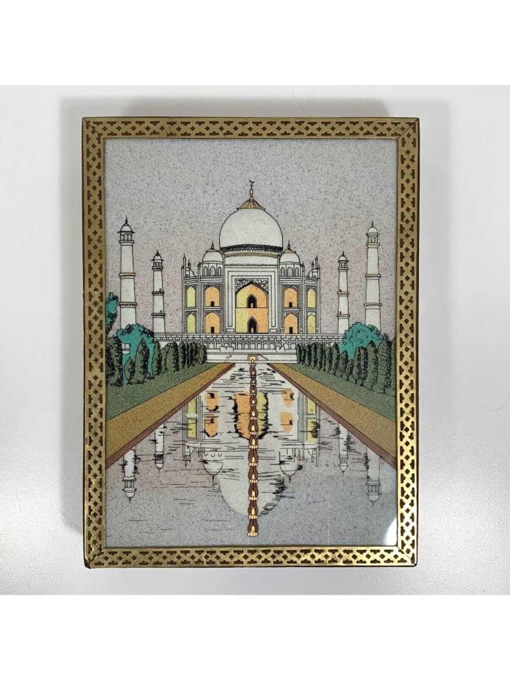 Wooden Box Taj Mahal India Brass Crushed Gemstone Inlay Glass Top Felt Lined